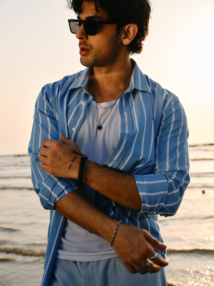 Coastal Blue Vertical Stripes Urban Casual Shirt