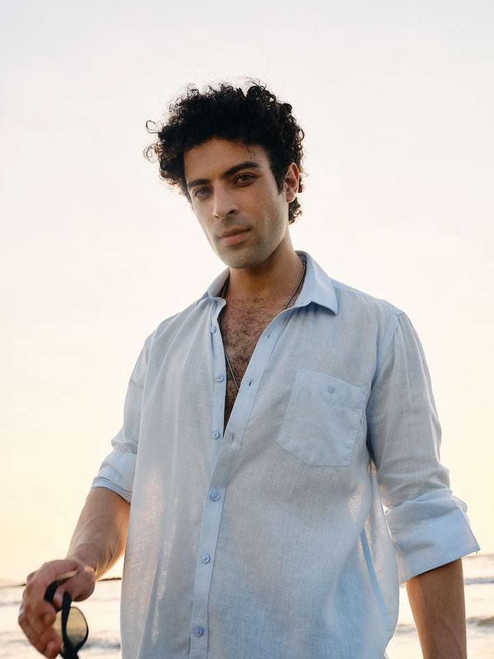 Mist Blue Linen Blend Solid Shirt