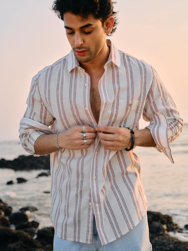 Brick Wine Vertical Stripes Casual Shirt