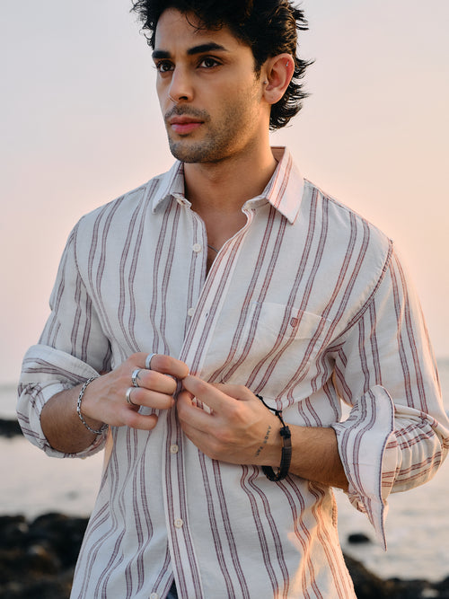 Brick Wine Vertical Stripes Casual Shirt