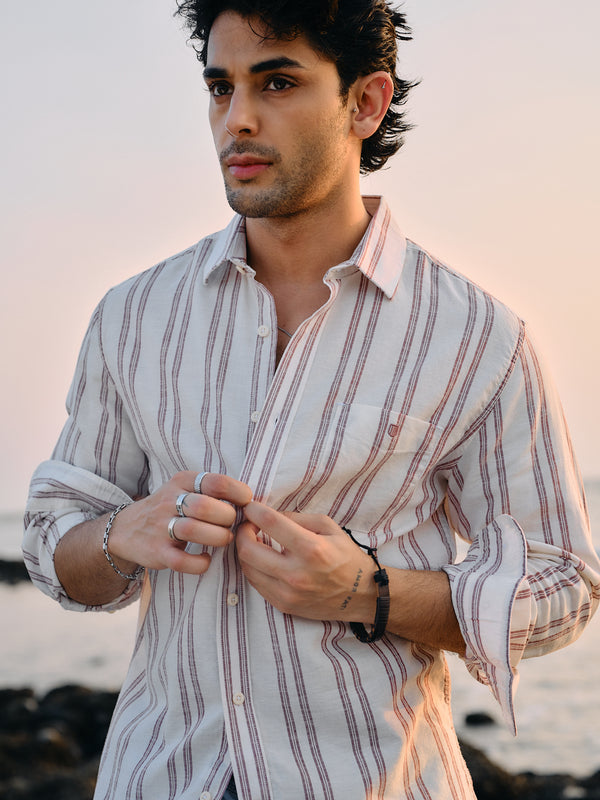 Brick Wine Vertical Stripes Casual Shirt