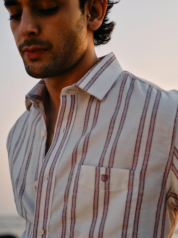Brick Wine Vertical Stripes Casual Shirt