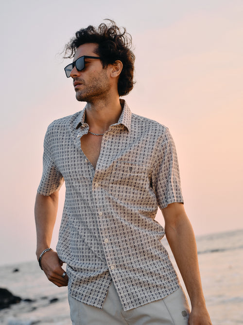 Cement Grey Cube Printed Casual Shirt