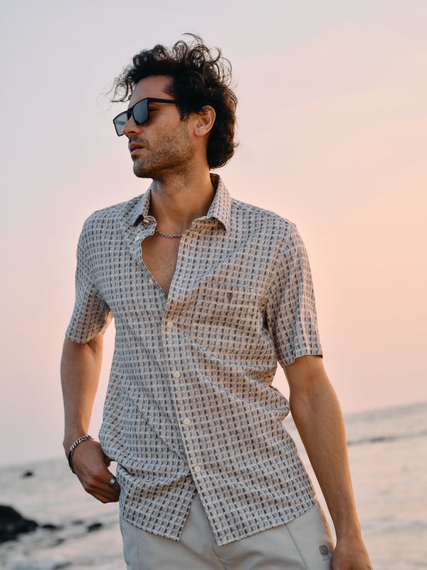 Cement Grey Cube Printed Casual Shirt