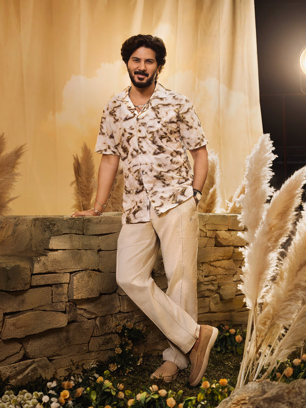 Cream and Brown Semi Casual Printed Shirt