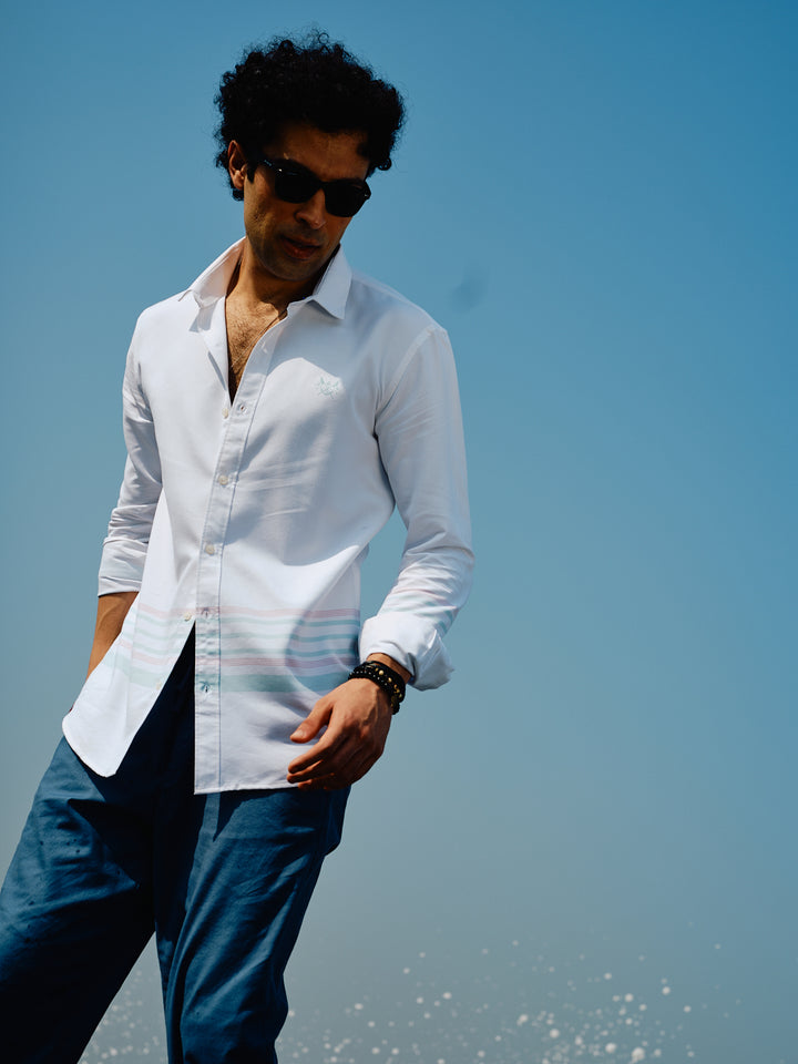 Moon White Panel Stripes Urban Casual Shirt