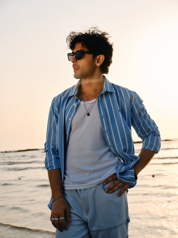 Coastal Blue Vertical Stripes Urban Casual Shirt