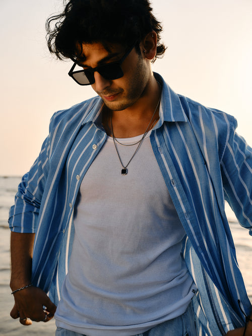 Coastal Blue Vertical Stripes Urban Casual Shirt