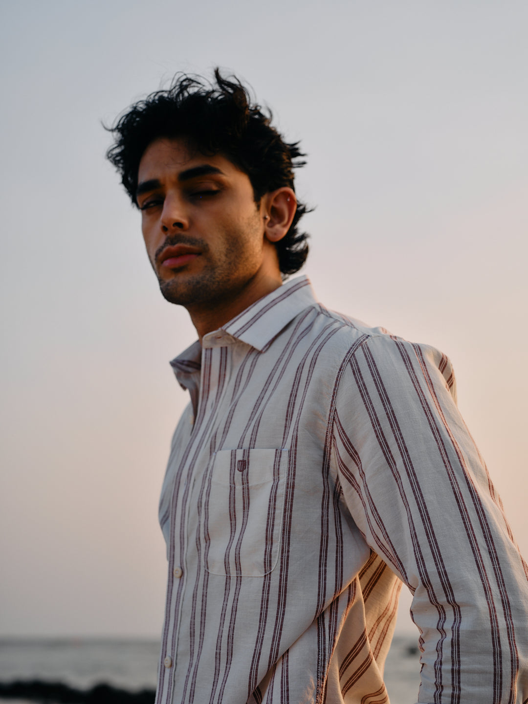 Brick Wine Vertical Stripes Casual Shirt
