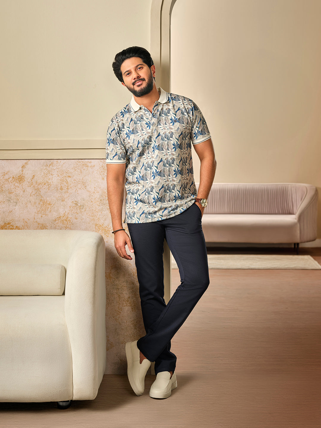 Beige and Blue Floral Printed Polo T Shirt