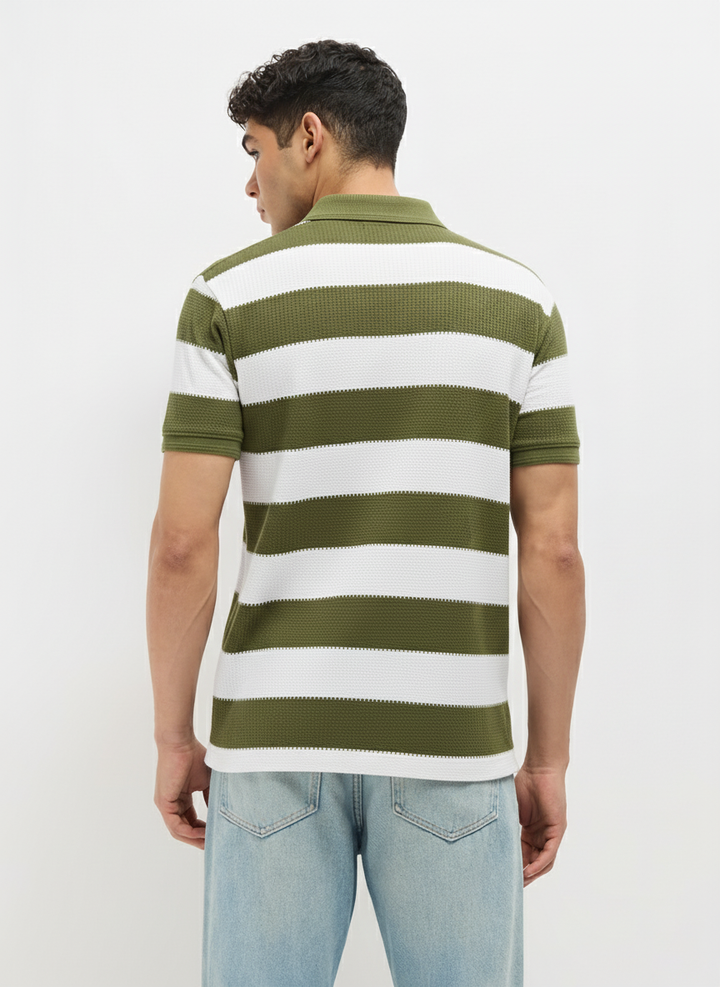 Olive Green Textured Stripes Polo T Shirt