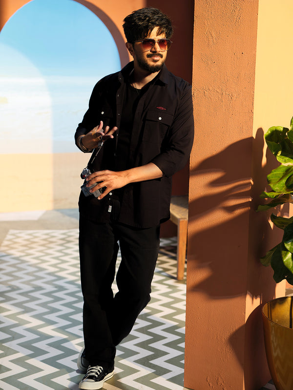 Classic Black Urban Casual Shirt With Dual Pockets
