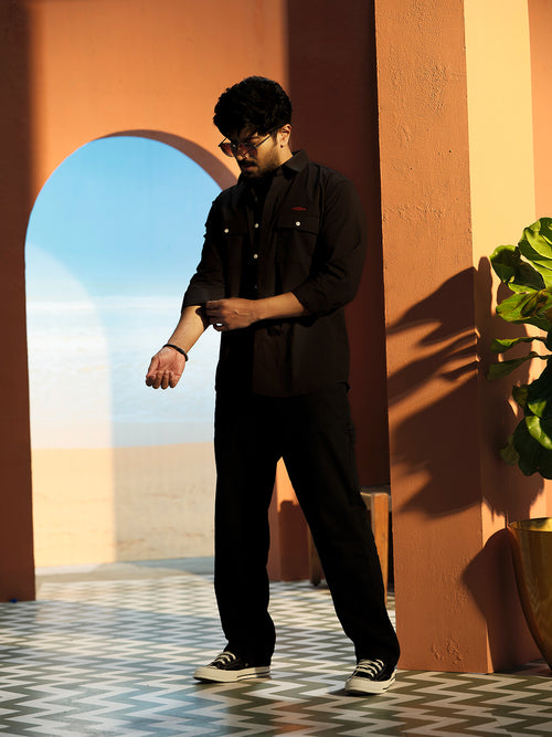Classic Black Urban Casual Shirt With Dual Pockets