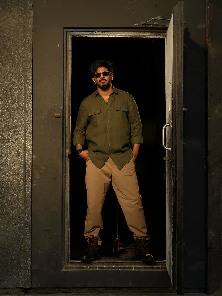 Olive Green Urban Casual Shirt With Dual Pockets