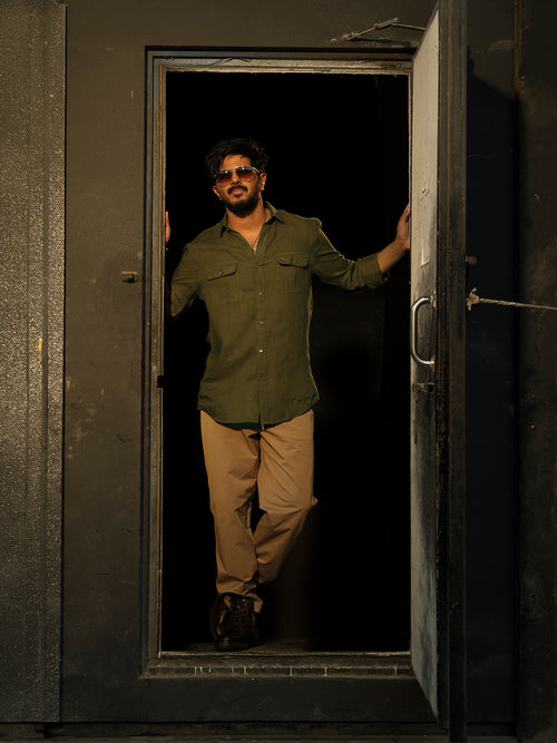 Olive Green Urban Casual Shirt With Dual Pockets