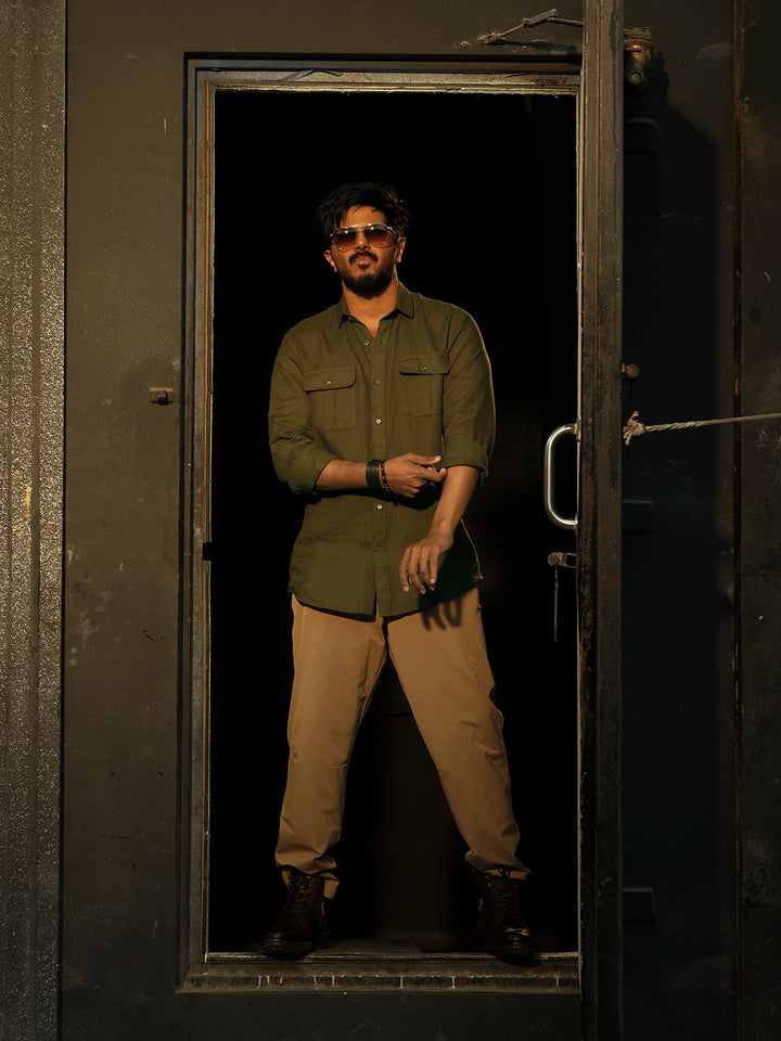 Olive Green Urban Casual Shirt With Dual Pockets