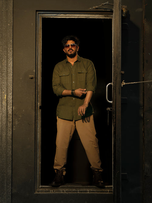 Olive Green Urban Casual Shirt With Dual Pockets