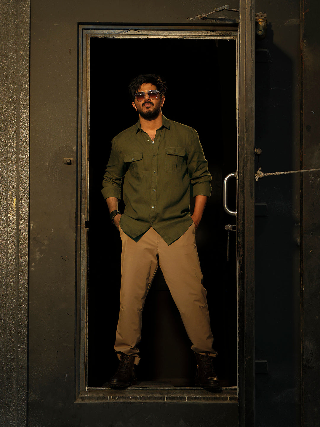 Olive Green Urban Casual Shirt With Dual Pockets