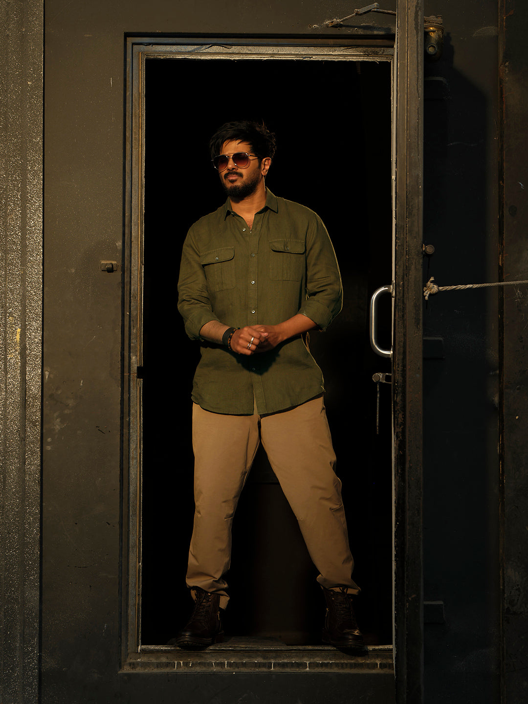 Olive Green Urban Casual Shirt With Dual Pockets