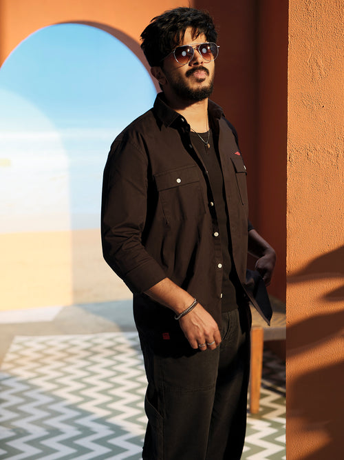 Classic Black Urban Casual Shirt With Dual Pockets