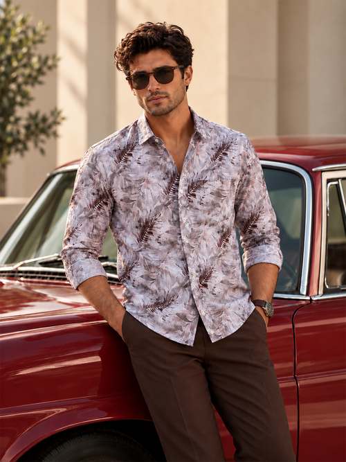 Dusty Mauve Abstract Leaf Printed Casual Shirt