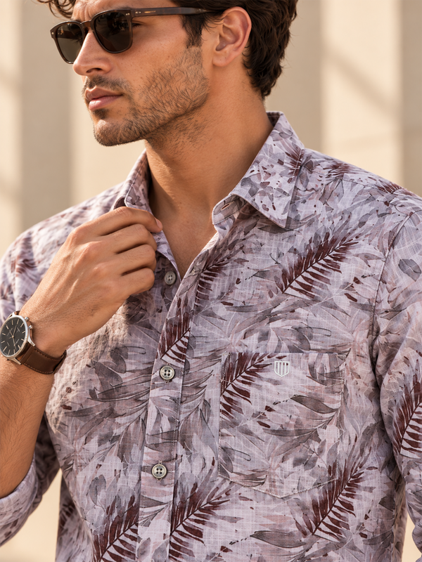 Dusty Mauve Abstract Leaf Printed Casual Shirt