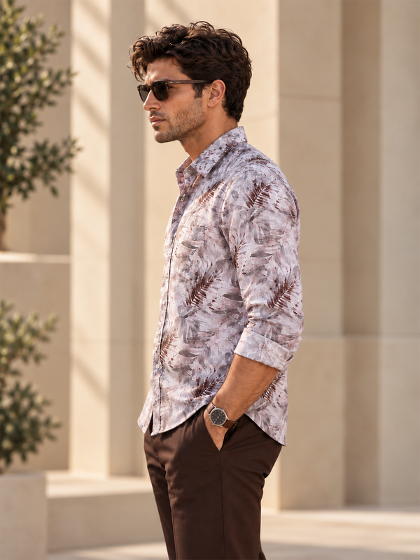 Dusty Mauve Abstract Leaf Printed Casual Shirt