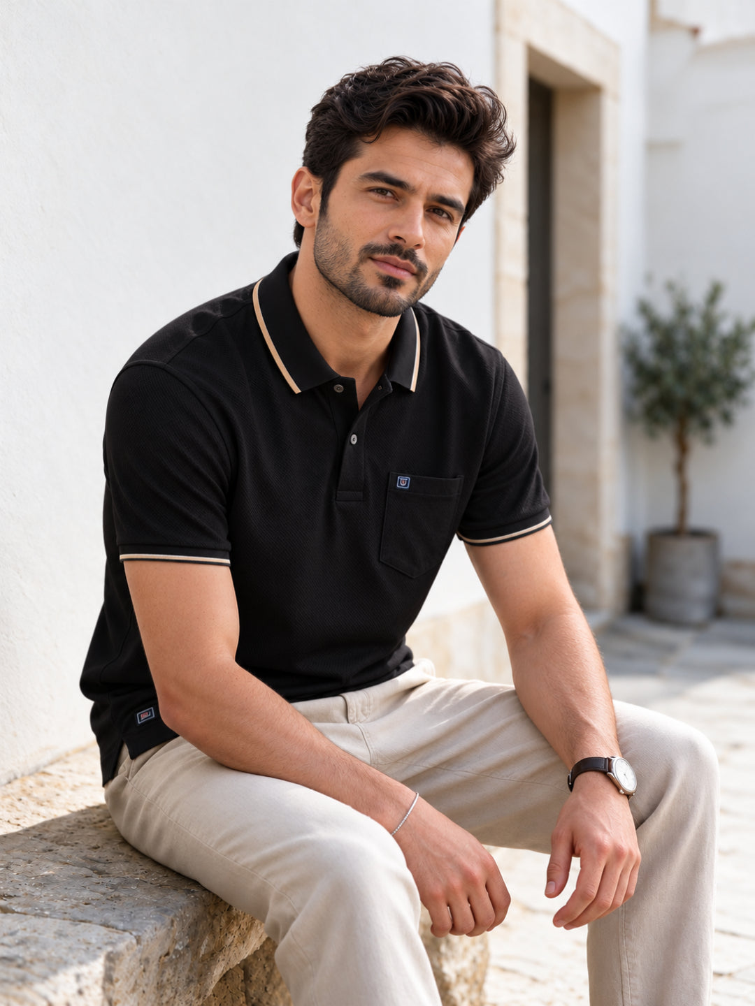 Charcoal Black Textured Plain Polo T Shirt
