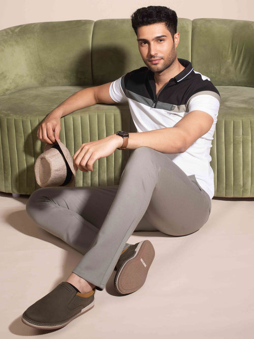 White Cut & Sew Color Block Zipper Polo T Shirt