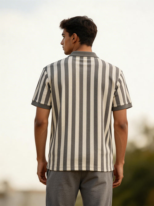 Ash Grey Vertical Stripes Polo T Shirt