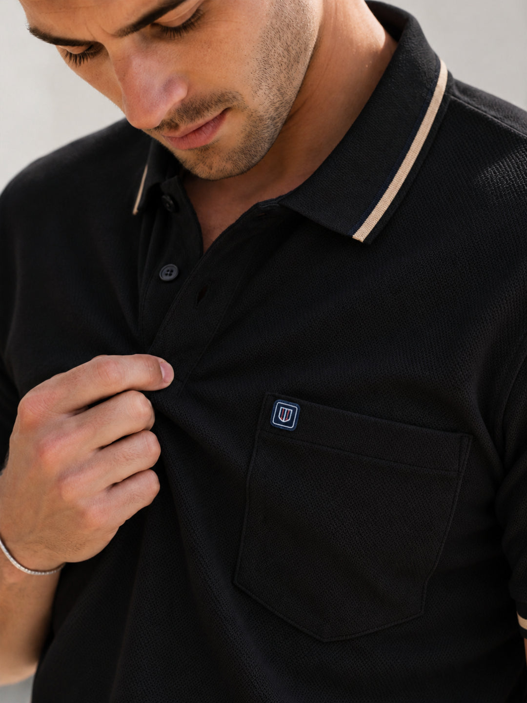 Charcoal Black Textured Plain Polo T Shirt