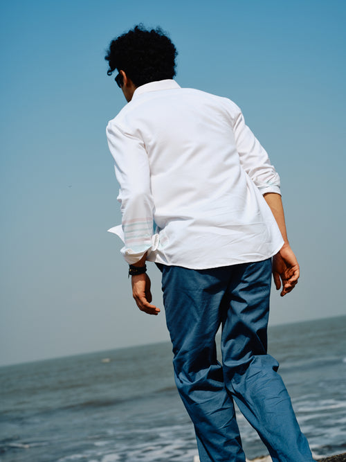 Moon White Panel Stripes Urban Casual Shirt