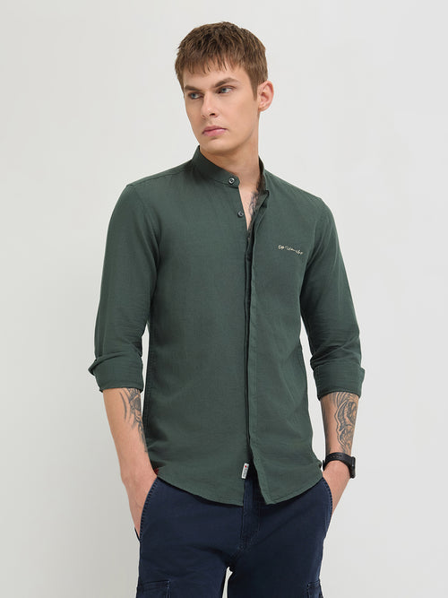 Dark Sage Green Textured Printed Solid Casual Shirt