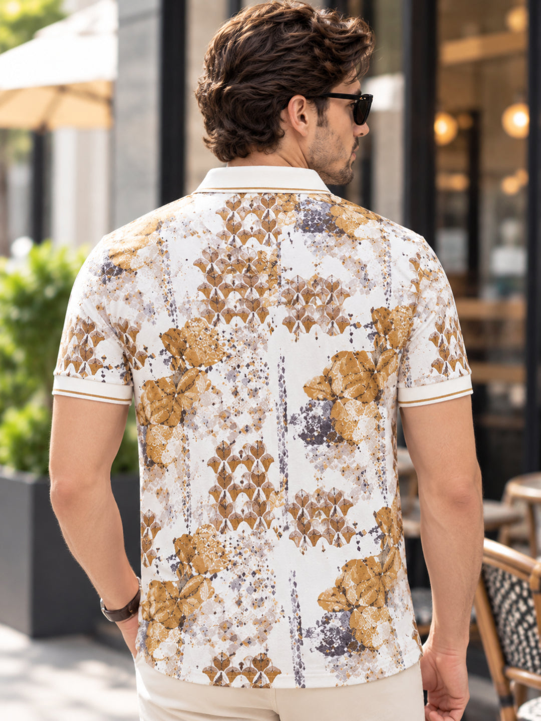 Beige Printed Polo T Shirt