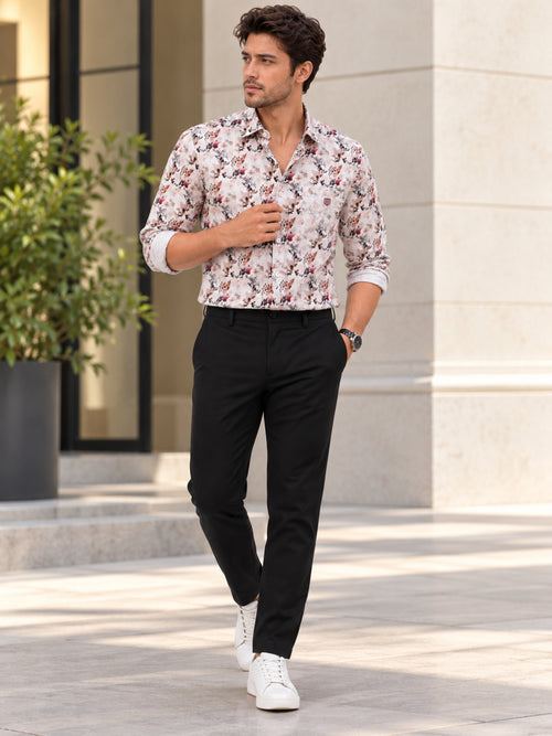 Petal Pink and Beige Artistic Floral Printed Casual Shirt