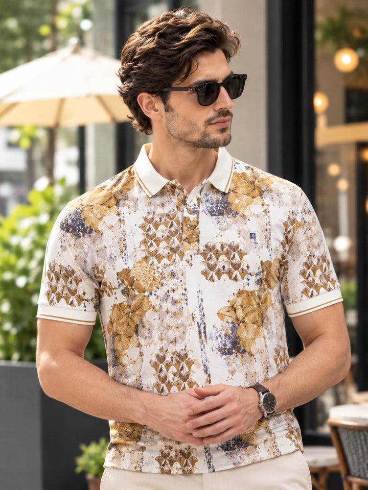 Beige Printed Polo T Shirt