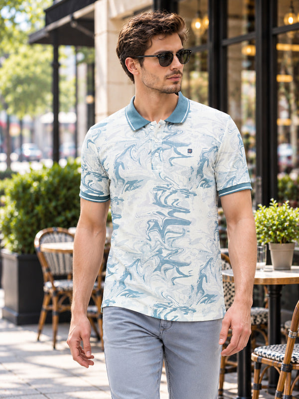 Teal Blue and White Printed Polo T Shirt