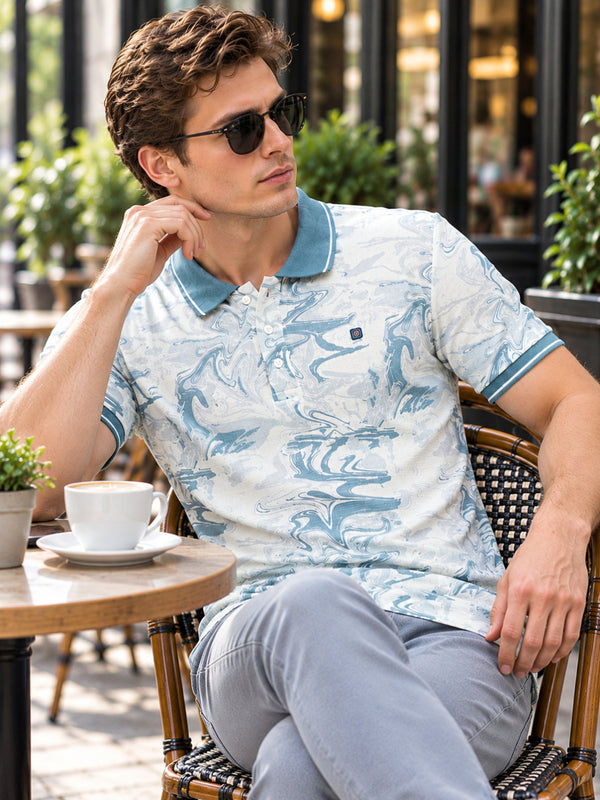 Teal Blue and White Printed Polo T Shirt