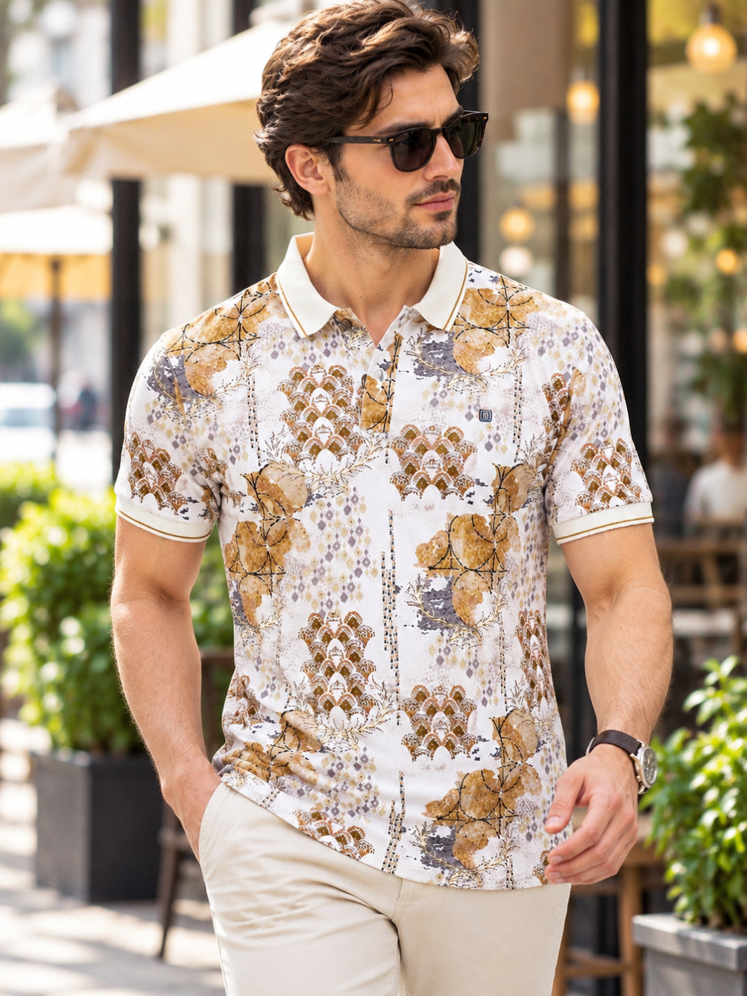 Beige Printed Polo T Shirt