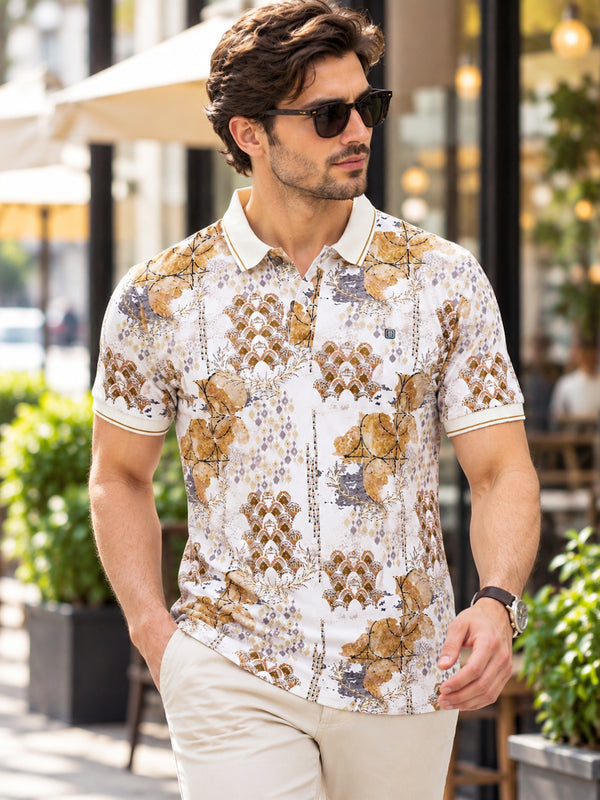 Beige Printed Polo T Shirt