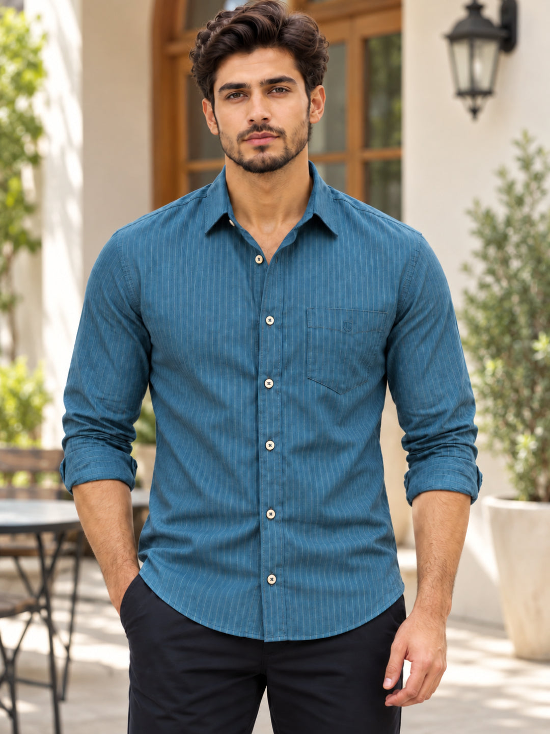 Stone Blue Vertical Stripes Casual Shirt