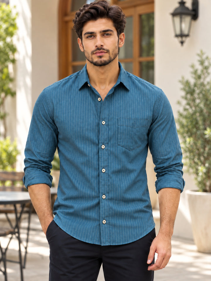 Stone Blue Vertical Stripes Casual Shirt
