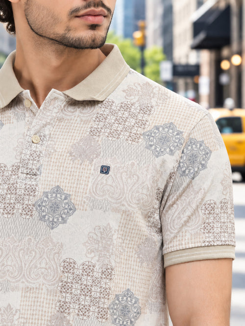 Beige Digital Printed Polo T Shirt