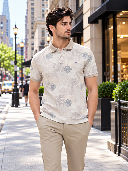 Beige Digital Printed Polo T Shirt