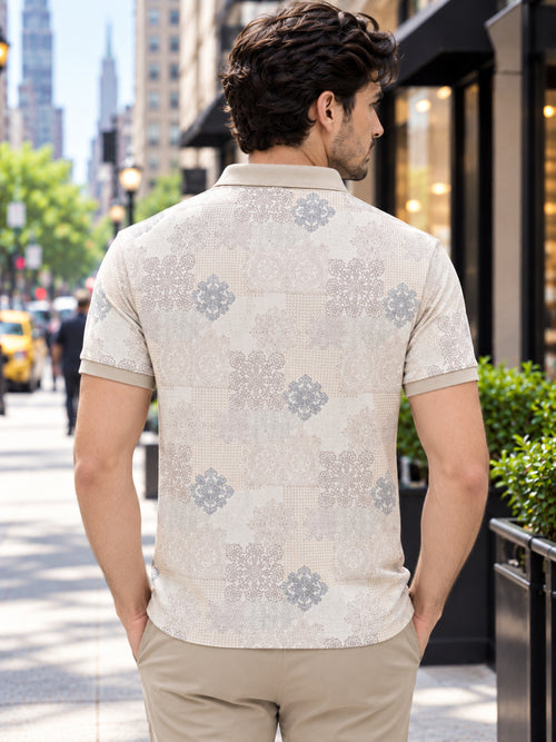 Beige Digital Printed Polo T Shirt