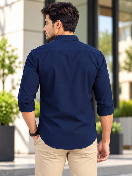 Dark Navy Blue Plain Urban Casual Shirt