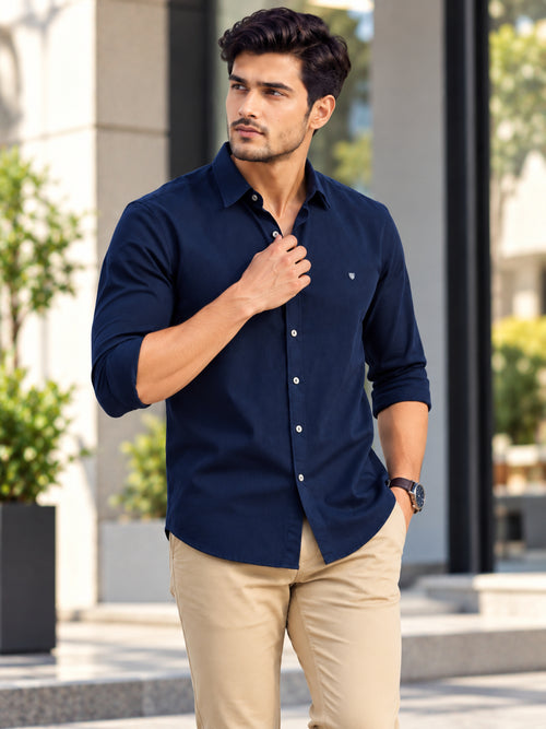 Dark Navy Blue Plain Urban Casual Shirt
