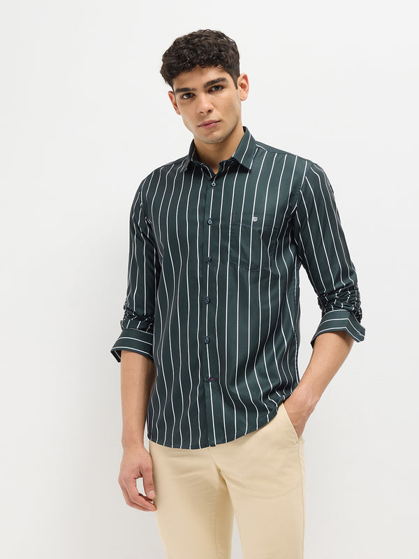 Leaf Green Vertical Stripes Casual Shirt