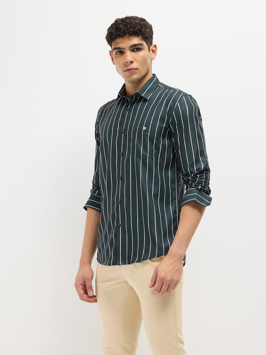 Leaf Green Vertical Stripes Casual Shirt