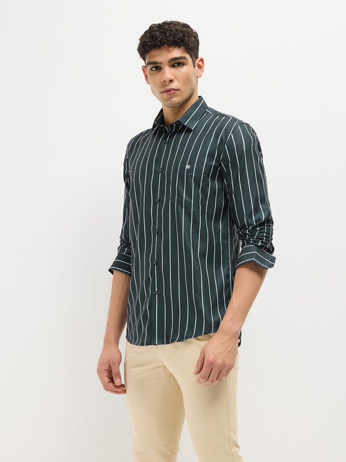 Leaf Green Vertical Stripes Casual Shirt